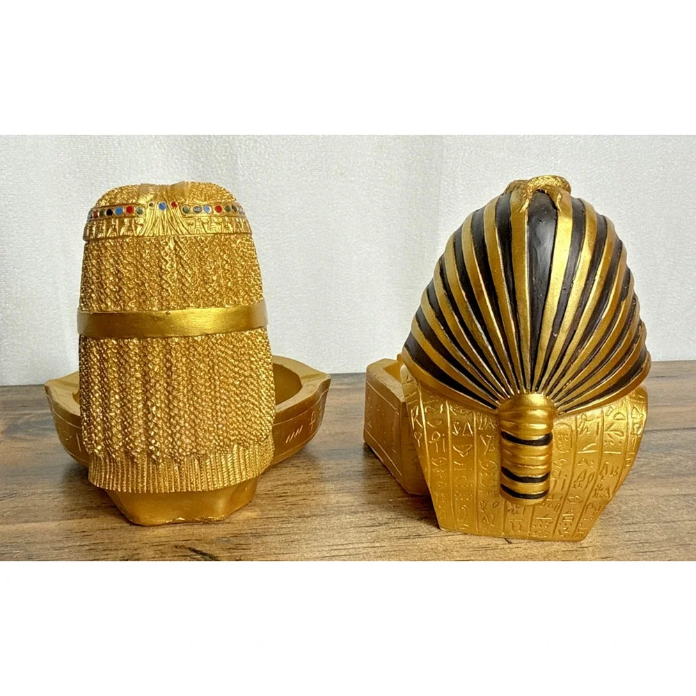 Egyptian Ashtray Set King Tut Cleopatra Gold Colored Resin Egypt Pharaoh Theme